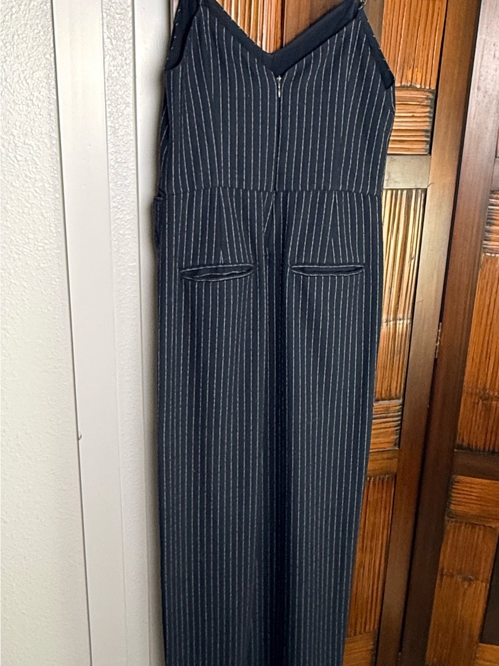 Anthropologie Essential Jumpsuit Navy Pinstripe Wide Leg Women’s Size 0 Classic - Picture 6 of 14